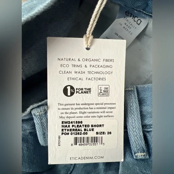Etica Max Pleated Jean Shorts in Ethereal Blue 100% cotton light blue Sz 26 NWT